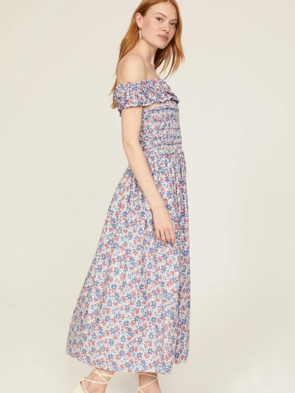 1901 Off-Shoulder Floral Maxi Jumpsuit in Blue and Pink